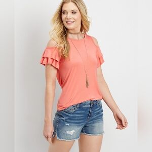 MAURICES: Lightweight Ruffle Cold Shoulder Tee, Coral Pink, Size XS